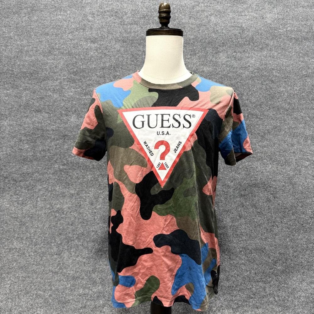 GUESS Shirt Mens Large Multicolor Camo Triangle Logo Graphic T-Shirt Tee